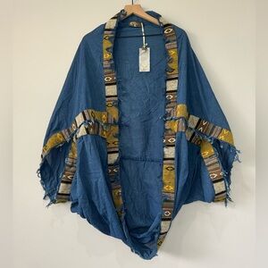 Anotah NWT Bohemian Blue Kimono with Patterned Trim One Size